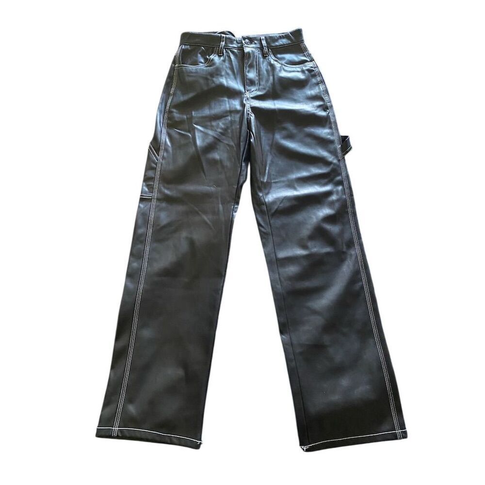 Bershka Women's Black Faux Leather Carpenter Pants Size S High-Rise